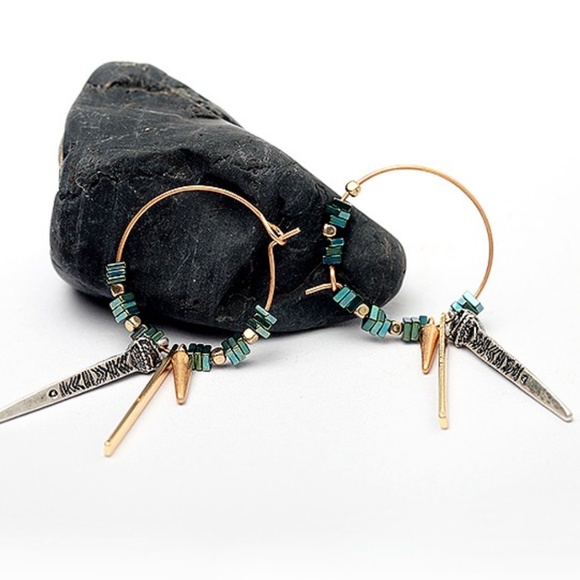 Natural Green Ore Stone Drop Gold Silver Earrings - Picture 9 of 9